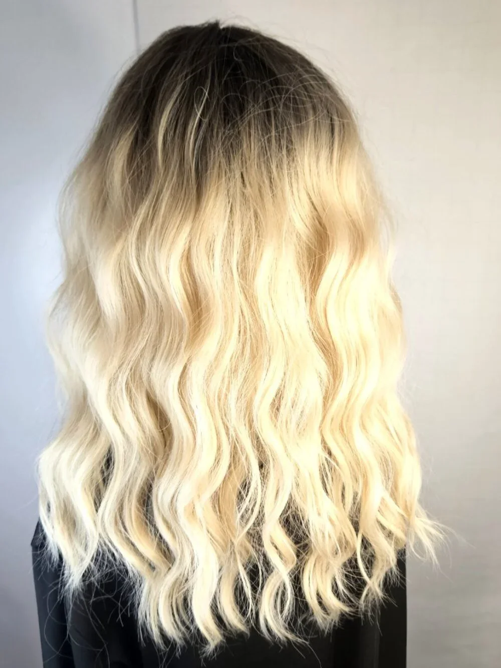 Glow Up Blonde Ombre Wavy Textured Long Wig Heat Safe. Dark rooted Ice Blonde
